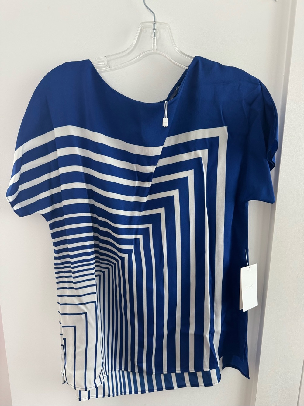 Boss Blue and White Graphic Stripe Short Sleeve Blouse